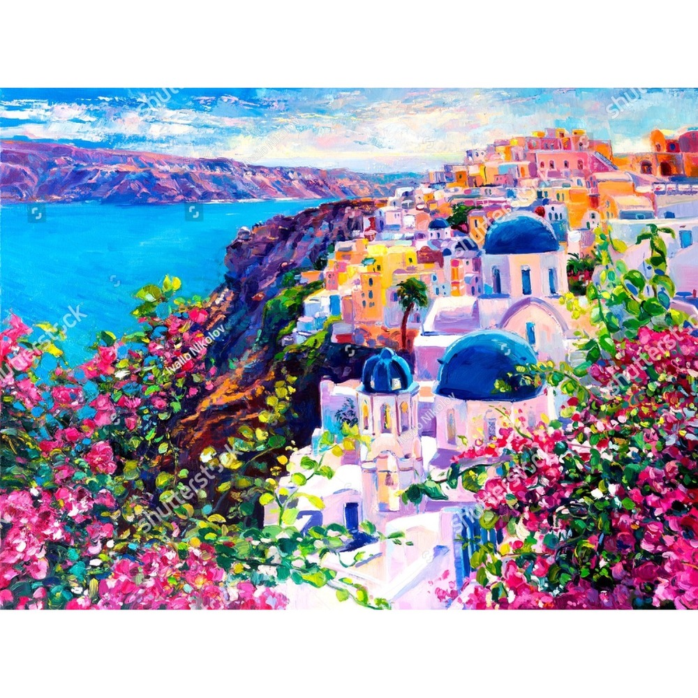 Santorini Greece Oia Village Cliffs Floral Aegean Sea 550 Piece Puzzle w/ Poster